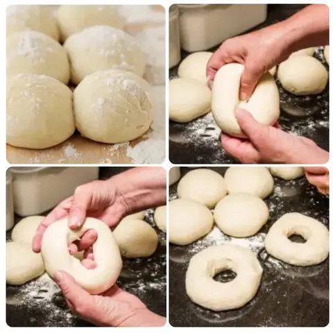 step-by-step collage showing the process of shaping Low Calorie bagel dough. Includes dough balls dusted with flour, hands shaping the dough, and finished bagel shapes ready to bake.