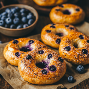 A close-up photo of three blueberry bagels on a brown surface, with a bowl of fresh blueberries in the background.