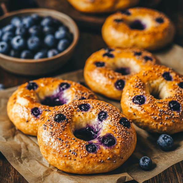 A close-up photo of blueberry bagels on a brown surface, with a bowl of fresh blueberries in the background.