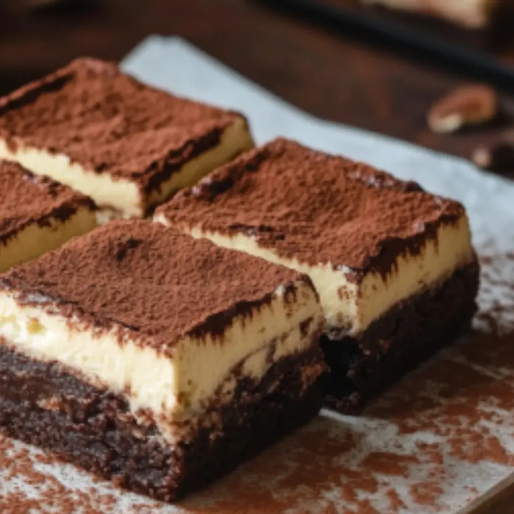 Four squares of Tiramisu Brownies dusted with cocoa powder.