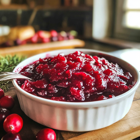 Homemade cranberry sauce in a white ceramic bowl, featuring a rich, glossy texture, surrounded by fresh cranberries.