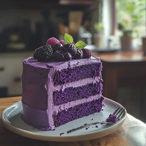 A slice of vibrant purple velvet cake with smooth cream cheese frosting, served on a white plate, showcasing its rich, moist layers and elegant presentation.