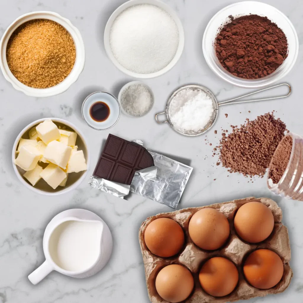 A flat lay showing the ingredients for Tiramisu Brownies on a marble surface. The ingredients include eggs, sugar, butter, cocoa powder, chocolate, vanilla extract, and cream.