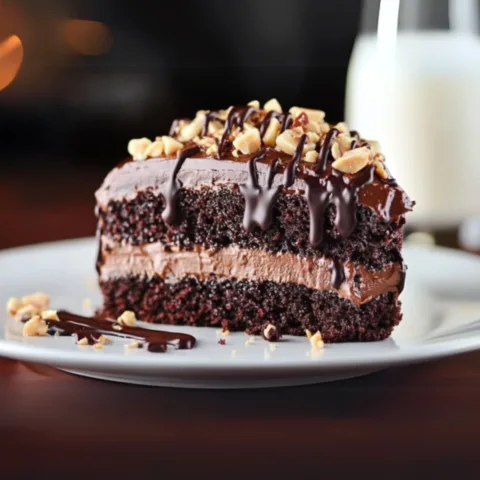 A rich slice of triple chocolate cake with layers of moist chocolate sponge, creamy chocolate frosting, and a drizzle of melted chocolate on top. Garnished with chopped peanuts, served on a white plate with a glass of milk in the background.