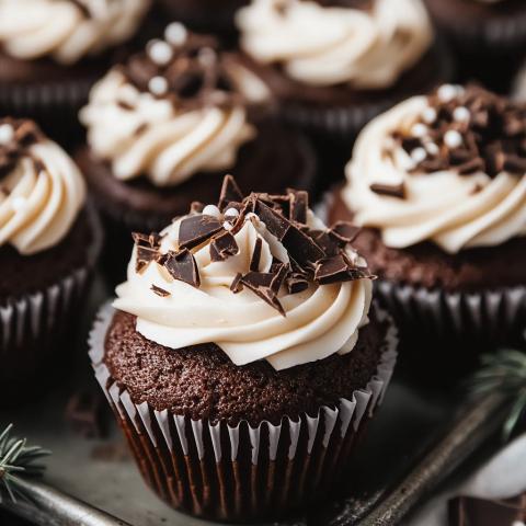 Close-up of chocolate wacky cake cupcakes topped with creamy frosting and garnished with dark chocolate shavings, arranged on a baking tray.