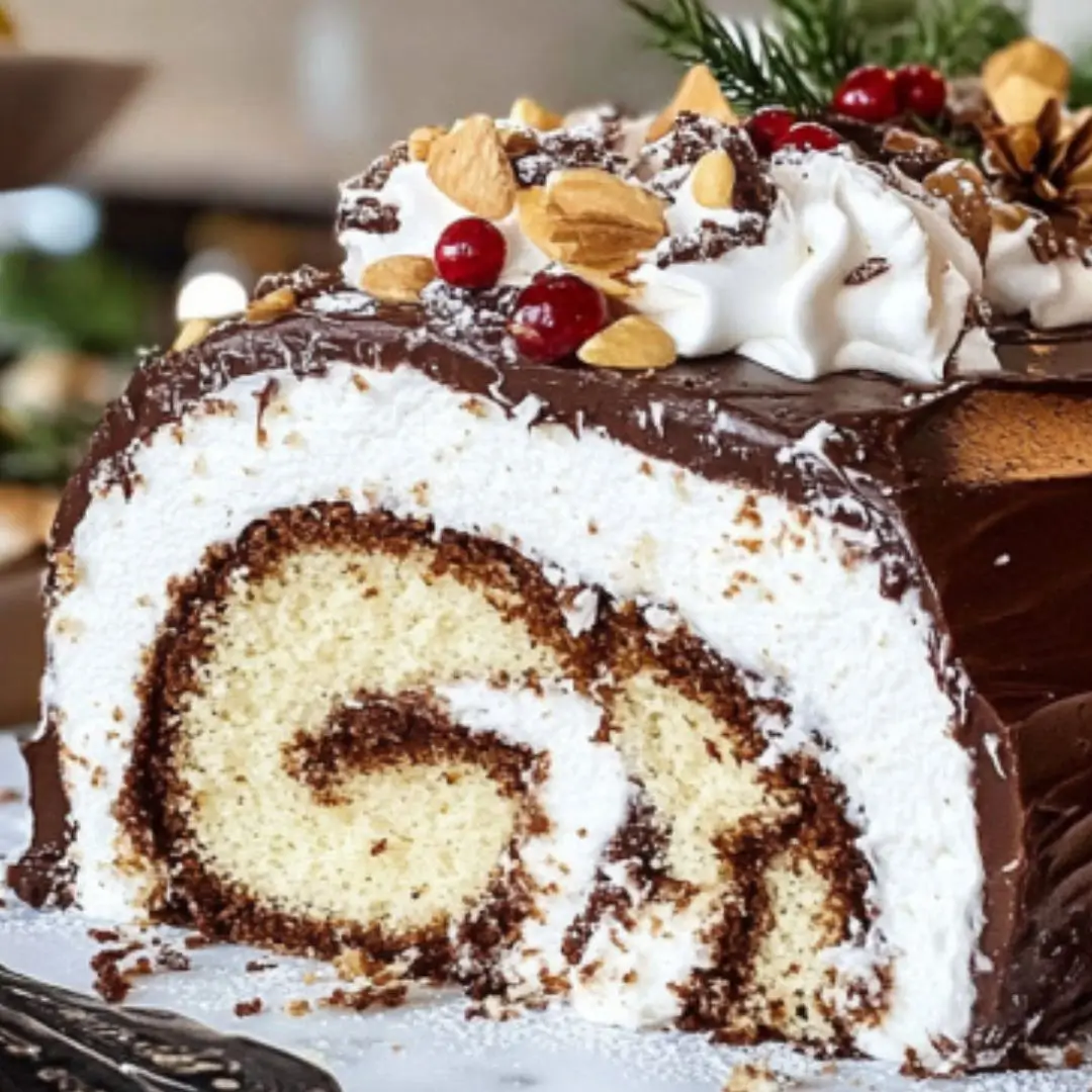 A festive Yule Log cake, decorated zoomed