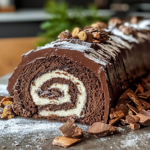 A festive Yule Log cake, decorated to look like a chocolate log with realistic bark and leaves.