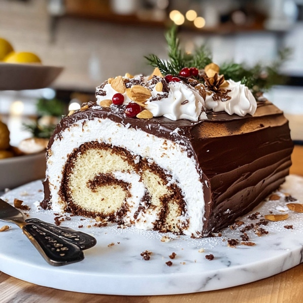 A festive Yule Log cake, decorated to look like a chocolate log with realistic bark and leaves.