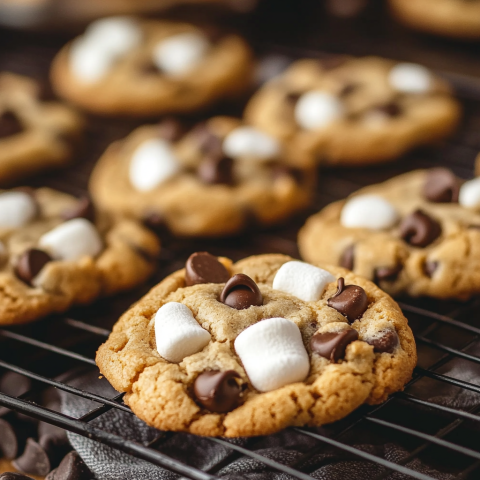 Golden brown chocolate chip marshmallow cookies cooling on a wire rack. The cookies are topped with melted marshmallows and chocolate chips.