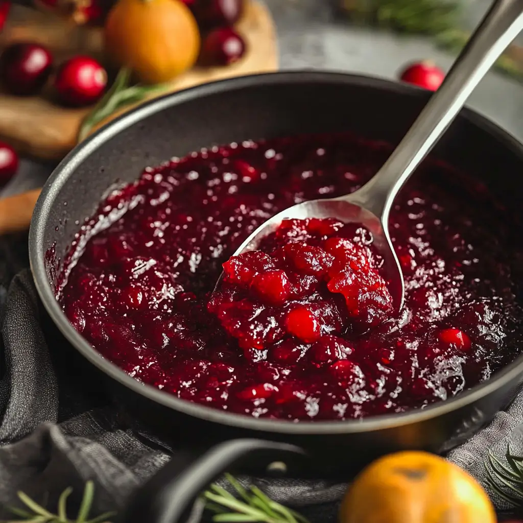 Cranberry sauce in a black pan with a spoon scooping a serving.