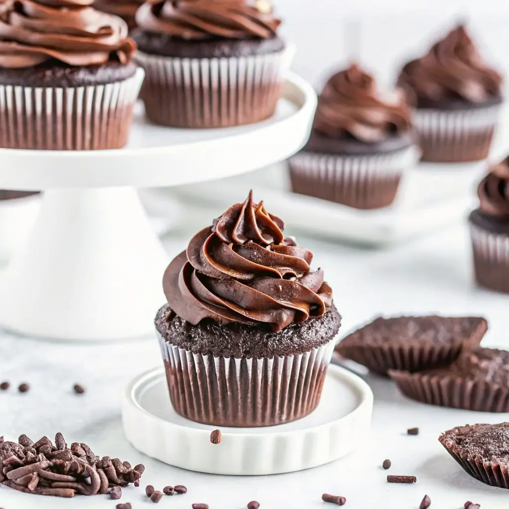 Chocolate wacky cake cupcakes with rich chocolate frosting arranged on white ceramic cake stands
