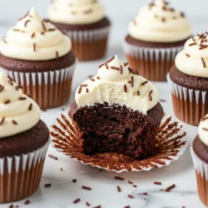 A batch of chocolate wacky cake cupcakes topped with creamy vanilla frosting and chocolate sprinkles, with one cupcake showing a bite taken out