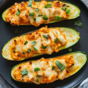 Buffalo Chicken Zucchini Boats served on a dark plate, topped with shredded buffalo chicken, melted cheese, and fresh cilantro, with a fork lifting a piece