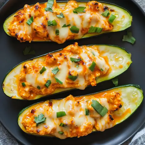 Buffalo Chicken Zucchini Boats served on a dark plate, topped with shredded buffalo chicken, melted cheese, and fresh cilantro, with a fork lifting a piece