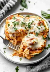 Buffalo Chicken Zucchini Boats served on a white plate, topped with melted cheese, garnished with fresh parsley, and a fork resting on the side