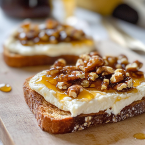 Two slices of toast topped with creamy cottage cheese, drizzled with honey, and sprinkled with chopped walnuts.