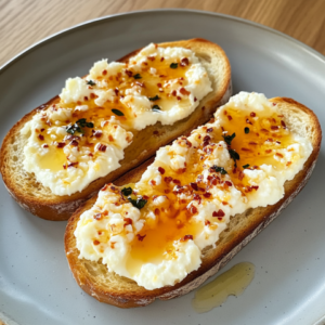 Two slices of toasted bread topped with creamy cottage cheese, drizzled with honey, and sprinkled with chili flakes.