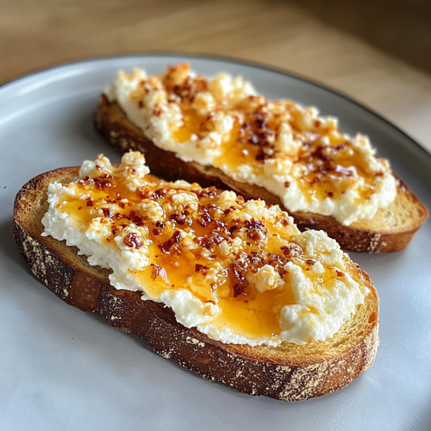 Two slices of toasted bread topped with creamy cottage cheese, drizzled with honey, and sprinkled with chili flakes.