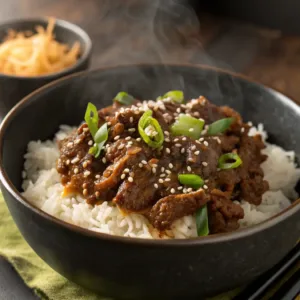 A steaming Korean-inspired BBQ beef bowl served over white rice, garnished with sesame seeds and sliced green onions