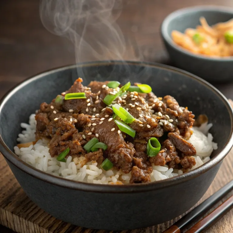 A steaming Korean-inspired BBQ beef bowl served over white rice, garnished with sesame seeds and sliced green onions