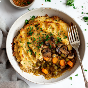 A vibrant serving of Mushroom and Lentil Shepherd’s Pie in a white ceramic bowl, featuring golden mashed potatoes with crispy ridges, garnished with fresh parsley. The hearty filling includes lentils, mushrooms, carrots, and peas, creating a warm, inviting dish.