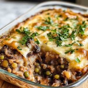A baked Mushroom and Lentil Shepherd’s Pie in a blue ceramic dish, featuring a golden mashed potato topping garnished with fresh thyme sprigs. The dish showcases its rich lentil, mushroom, and vegetable filling with vibrant carrots and hearty textures, creating a visually appetizing plant-based comfort food.