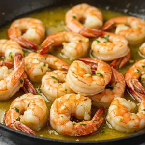 Close-up of cooked garlic butter shrimp in a skillet, garnished with fresh parsley and surrounded by rich, golden butter sauce.