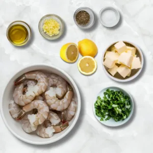 Ingredients for garlic butter shrimp: raw shrimp, butter, garlic, parsley, lemons, olive oil, salt, and pepper arranged on a marble surface