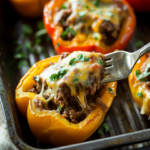 A close-up photo of a fork taking a bite out of a yellow Sheet Pan Cheesesteak Stuffed Peppers, topped with melted cheese and a sprig of basil