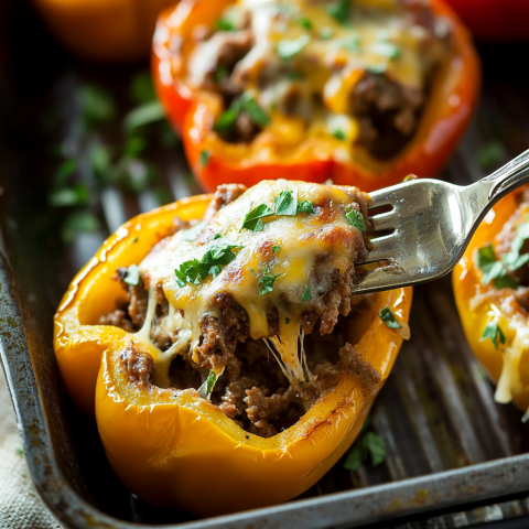 A close-up photo of a fork taking a bite out of a yellow Sheet Pan Cheesesteak Stuffed Peppers, topped with melted cheese and a sprig of basil