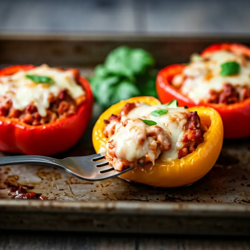 A close-up photo of a fork taking a bite out of a Sheet Pan Cheesesteak Stuffed Peppers