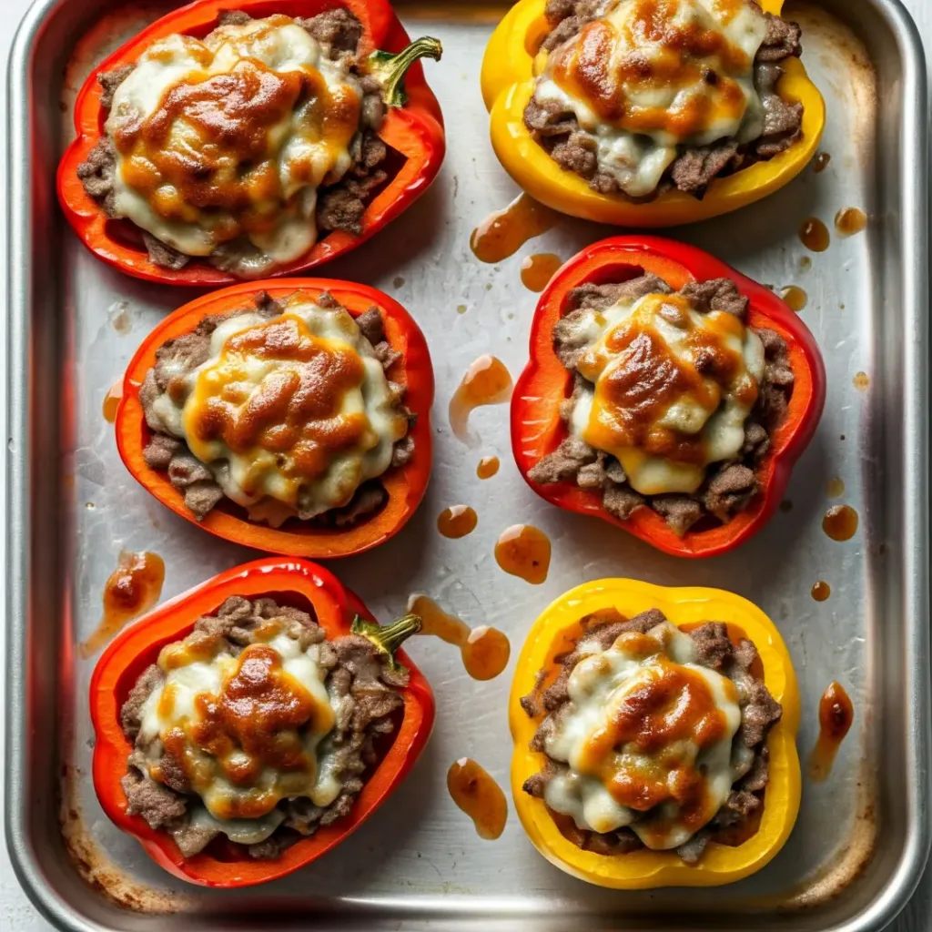 A close-up photo of a Sheet Pan Cheesesteak Stuffed Peppers, sitting on a wooden cutting board.