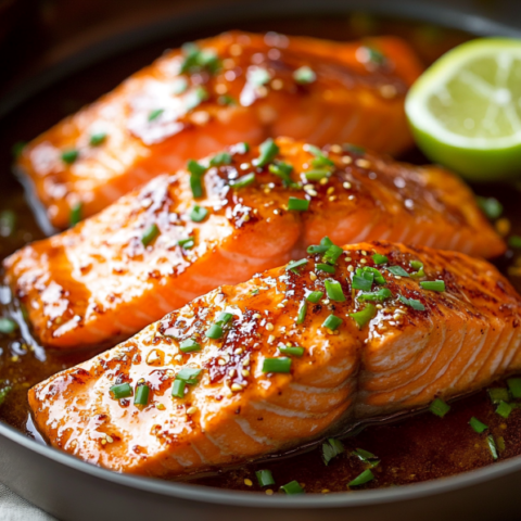 Three fillets of spicy honey-glazed salmon garnished with fresh herbs and lime wedges, served in a skillet with a rich, glistening sauce.