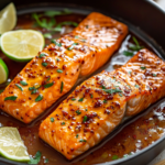 Two fillets of spicy honey-glazed salmon garnished with fresh herbs and lime wedges, served in a skillet with a rich, glistening sauce.