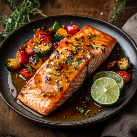 A plate of spicy honey-glazed salmon garnished with herbs, served with roasted vegetables and lime wedges.