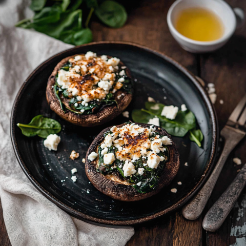 Vegetarian dish of stuffed Portobello mushrooms with spinach and feta cheese.