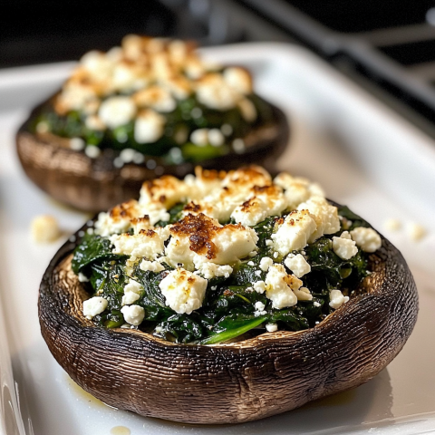 Vegetarian dish of stuffed Portobello mushrooms with spinach and feta cheese.