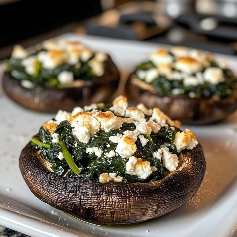 Close-up of three stuffed Portobello mushrooms with spinach and feta cheese on a white plate