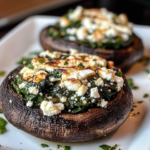 Vegetarian dish of stuffed Portobello mushrooms with spinach and feta cheese.