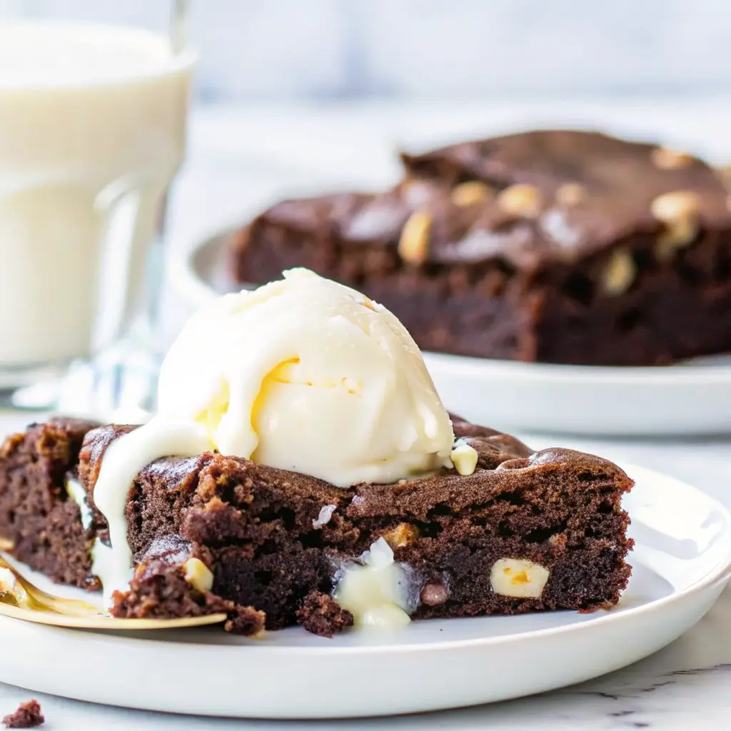 Warm banana brownie topped with vanilla ice cream and melted white chocolate, served on a white dessert plate.