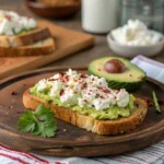 Avocado toast with cottage cheese on a rustic plate