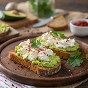 Two slices Spreading avocado on toast with cottage cheese.