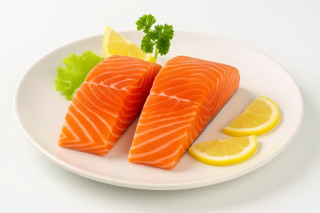 Two thick, raw salmon fillets with vibrant orange flesh and white marbling served on a white plate with lemon wedges, parsley, and lettuce.
