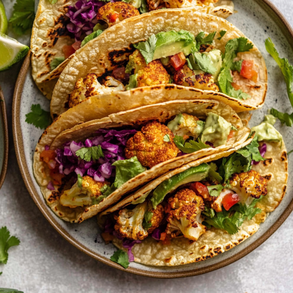 A vibrant platter of fresh cauliflower tacos, showcasing roasted cauliflower topped with colorful diced tomatoes, avocado slices, and crisp lettuce. Garnished with zesty lime wedges and cilantro, all set against a rustic wooden table, with a bright and inviting atmosphere.