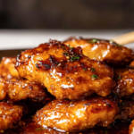 A close-up of golden-brown hot Honey chicken glazed with a sticky, honey-garlic sauce, sprinkled with sesame seeds.