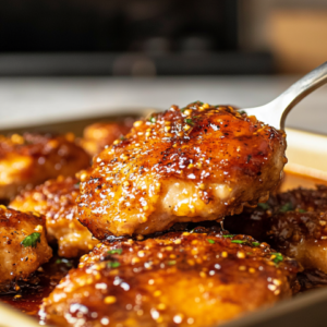 Close-up of a spoon lifting a piece of Hot Honey Chicken from a baking dish, showing its glistening, sticky sauce.