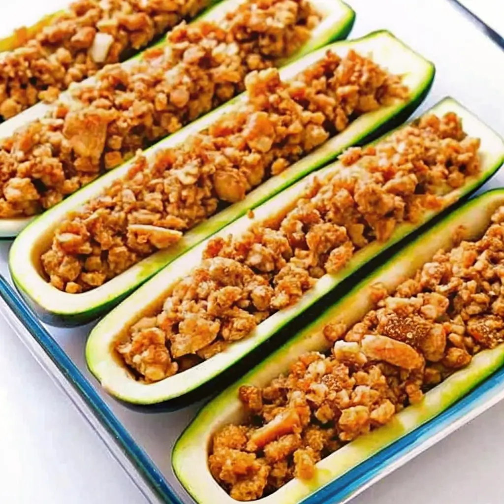Unbaked Buffalo Chicken Zucchini Boats filled with spicy ground chicken in raw hollowed zucchini halves, arranged in a glass baking dish
