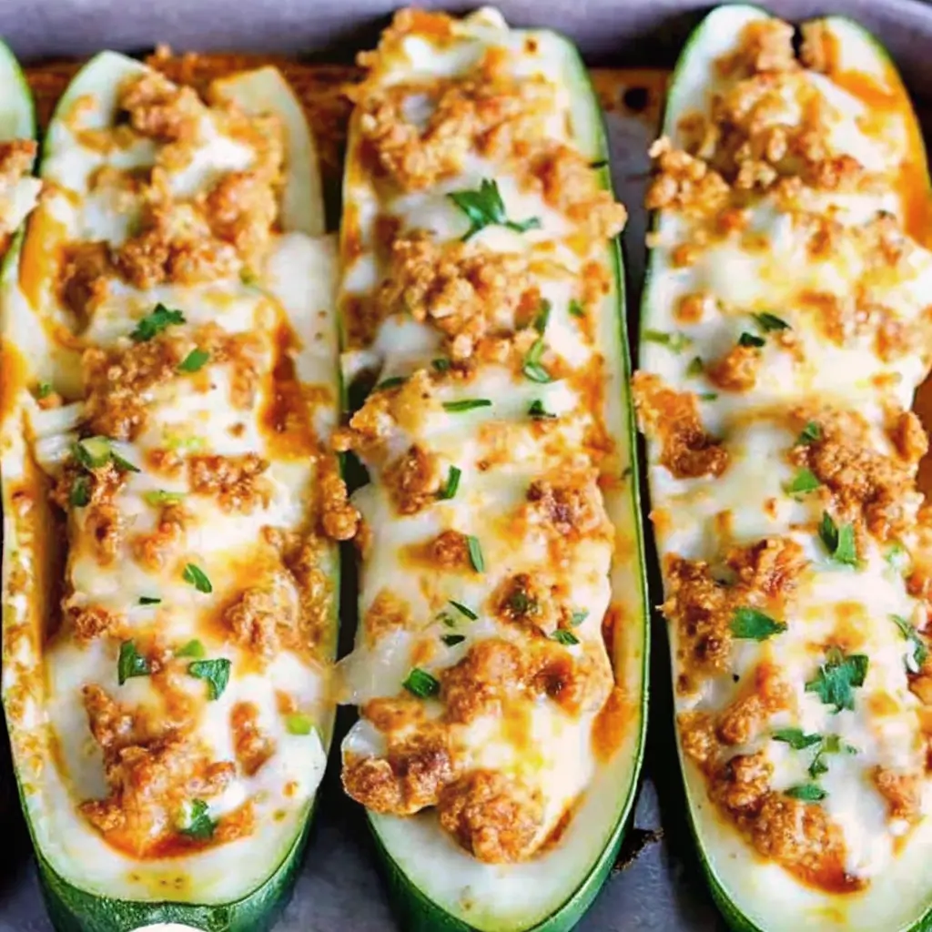 Baked Buffalo Chicken Zucchini Boats topped with melted cheese and fresh herbs, served in a baking tray.