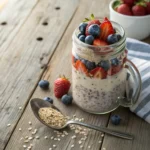 Overnight oats with berries and chia seeds in a mason jar