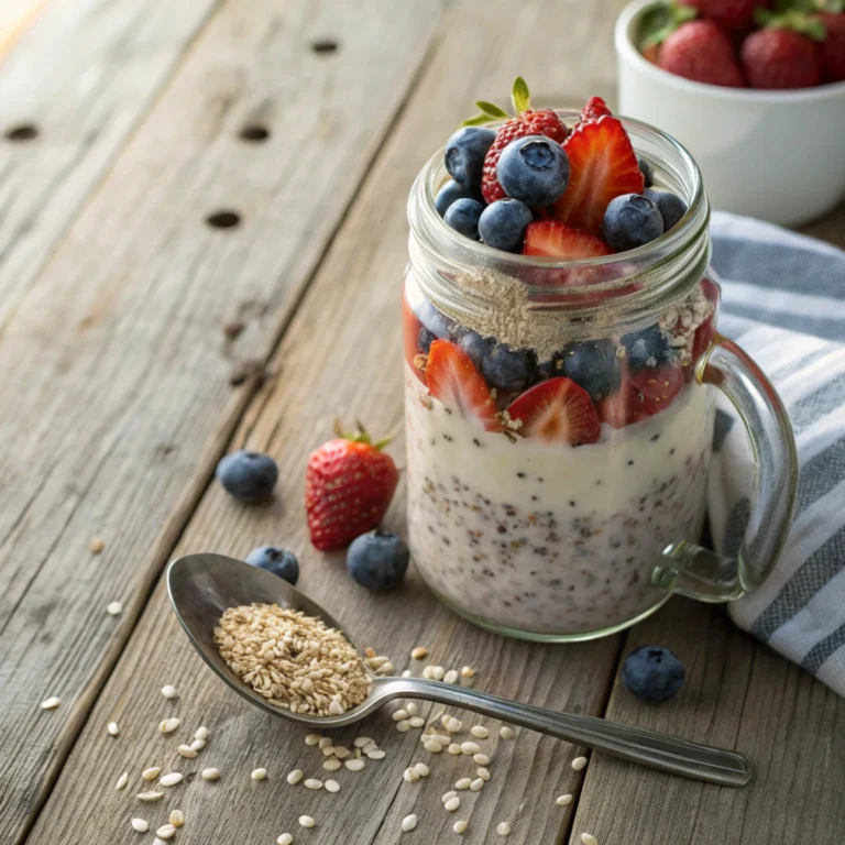 Overnight oats with berries and chia seeds in a mason jar